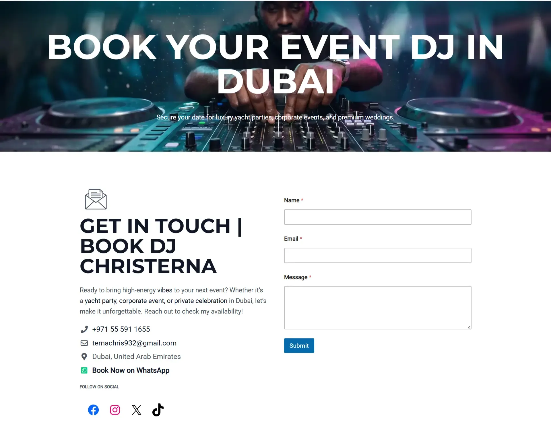 DJ Christerna custom WordPress booking form and contact page design
