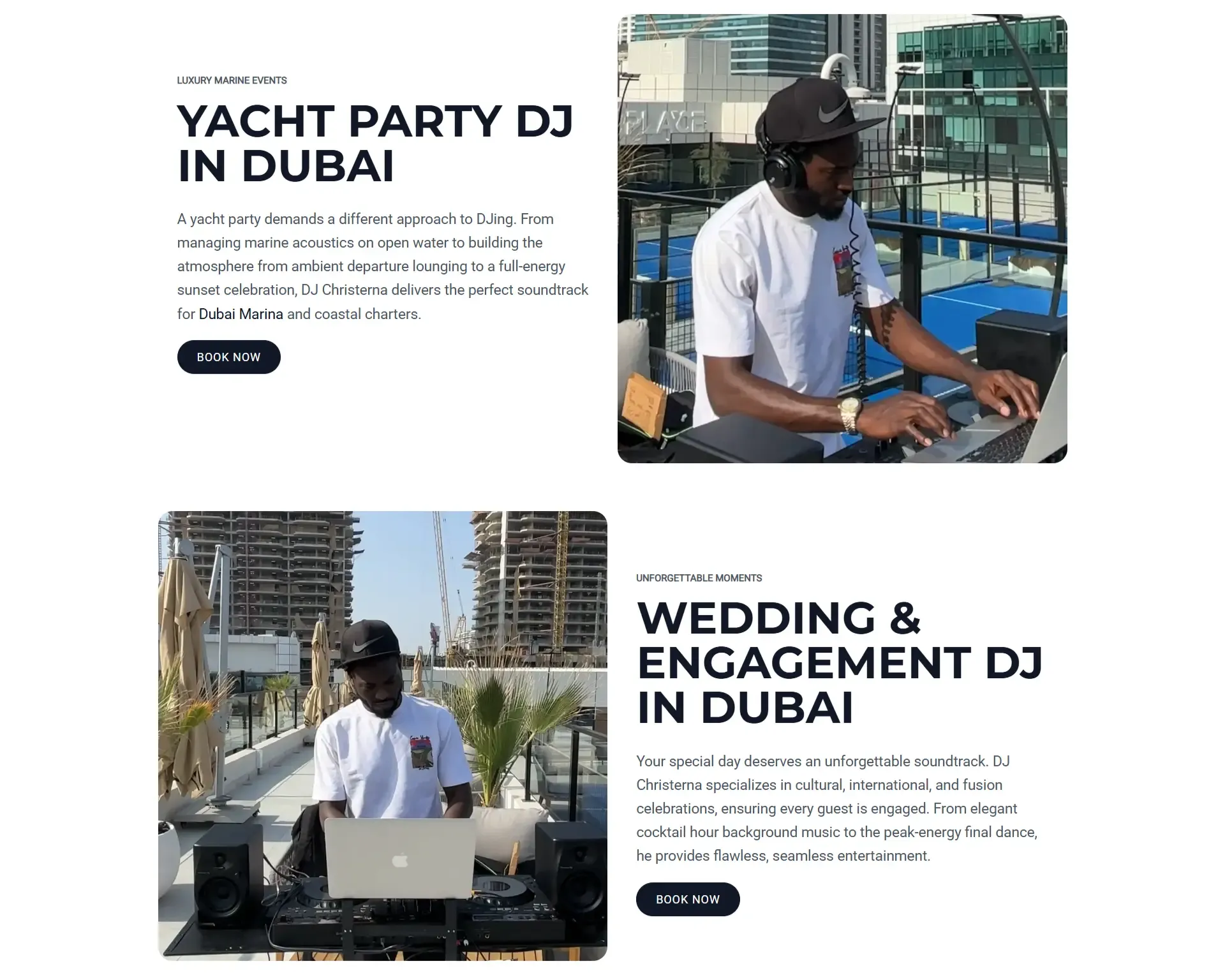 Luxury yacht party and wedding DJ services layout for Dubai events