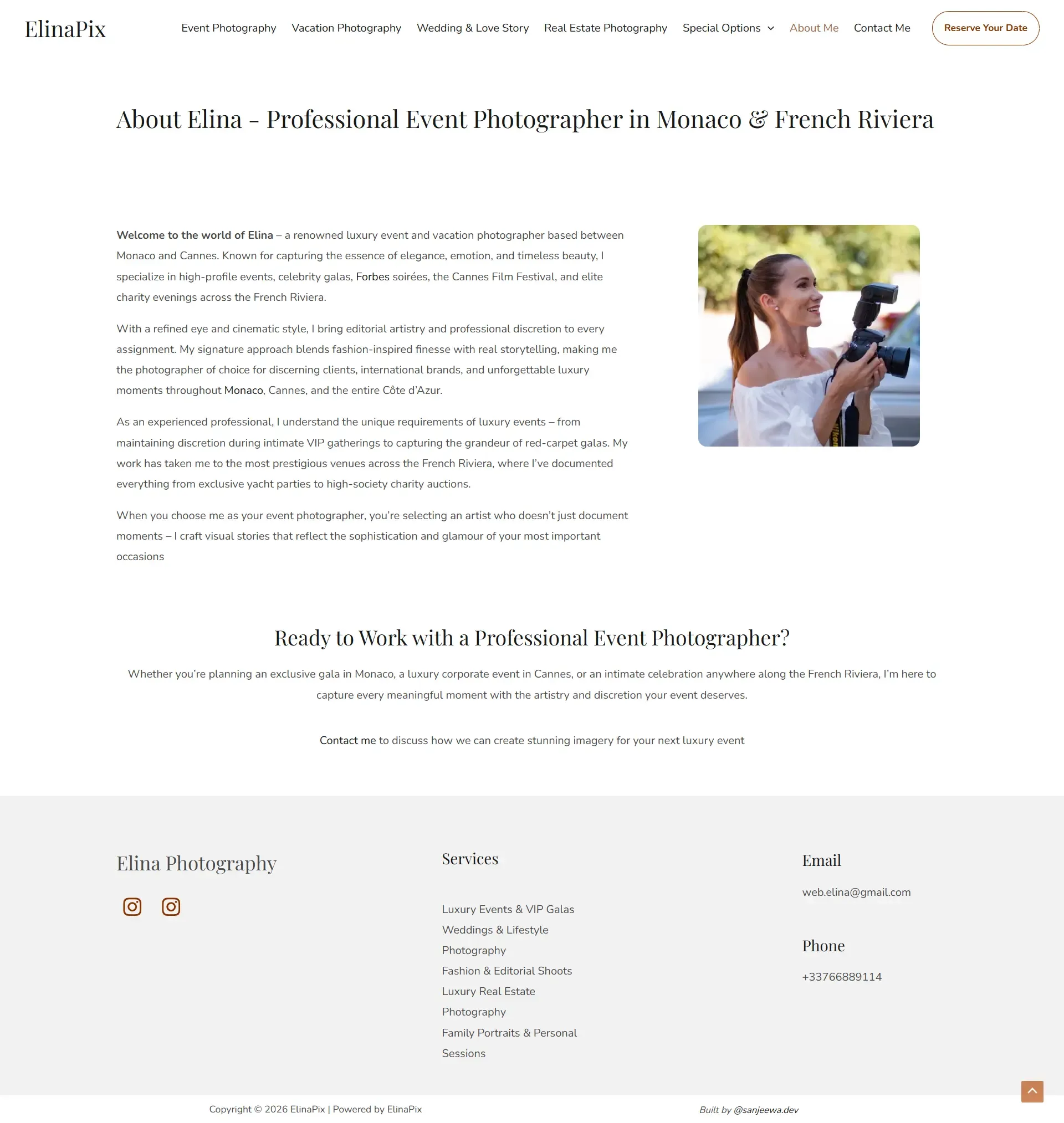 ElinaPix custom about page design featuring photographer profile and seamless footer integration